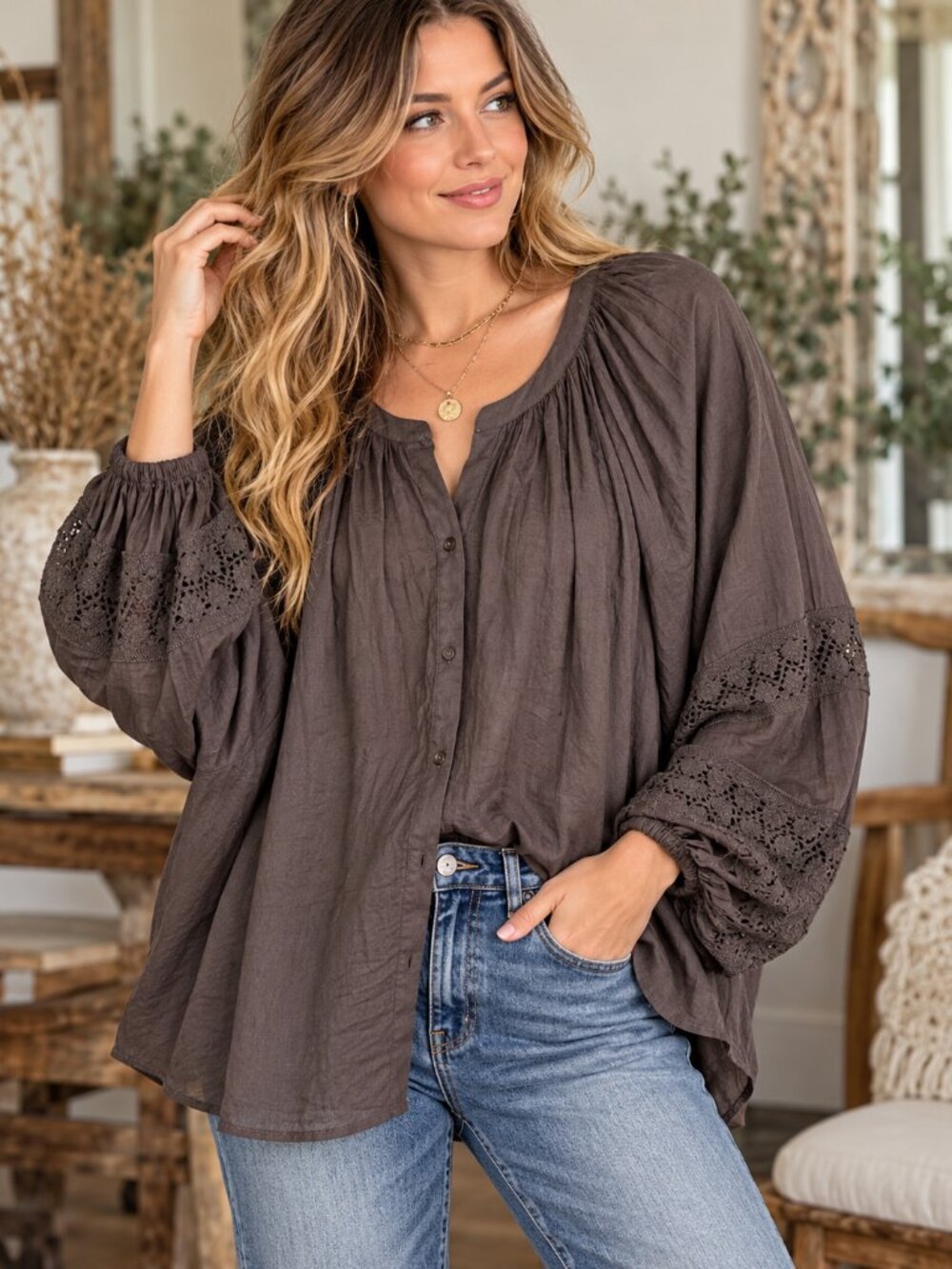 Aerie Brown Boho Peasant Blouse XL Crochet Lace Coquette Romantic Whimsy Goth - Picture 1 of 8